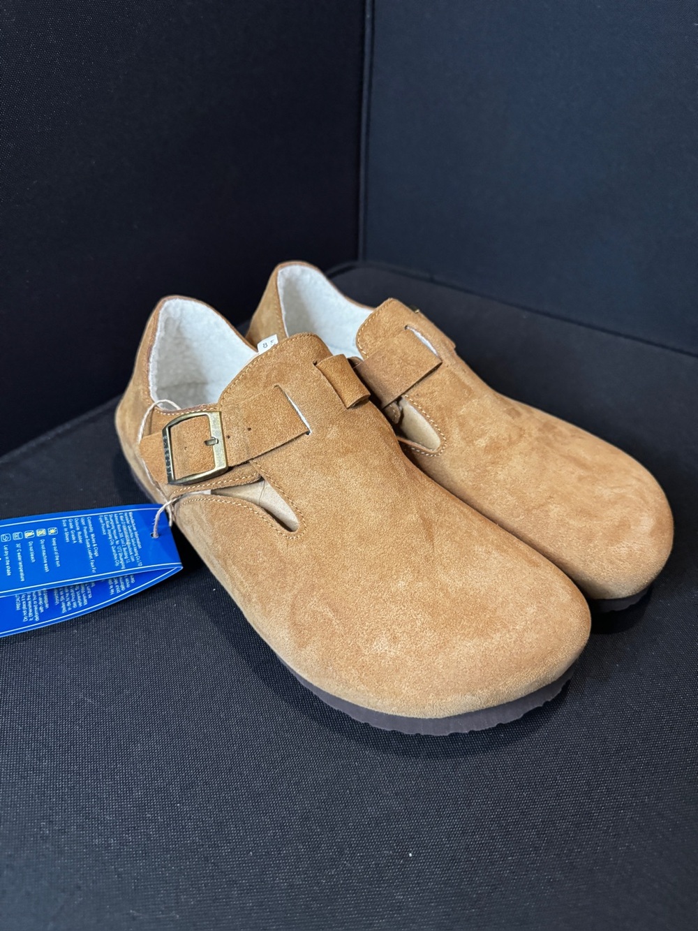 Women’s Tan Suede-Look Clog Mules with Buckle Size 8.5